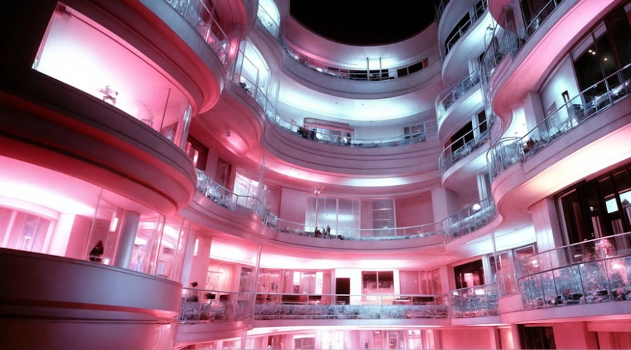 Gambar Gedung Futuristik penuh dengan lampu yang teran benderang. diproduksi menggunakan AI