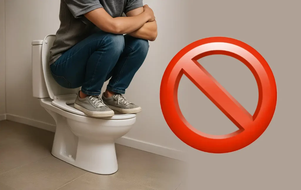 Ilustrasi Seseorang yang menggunakan toilet duduk dengan cara jongkok. Gambar di buat oleh AI