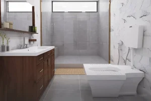 Ini adalah desain kamar kecil dengan menggunakan toilet jongkok modern yang estetik dan minimalis