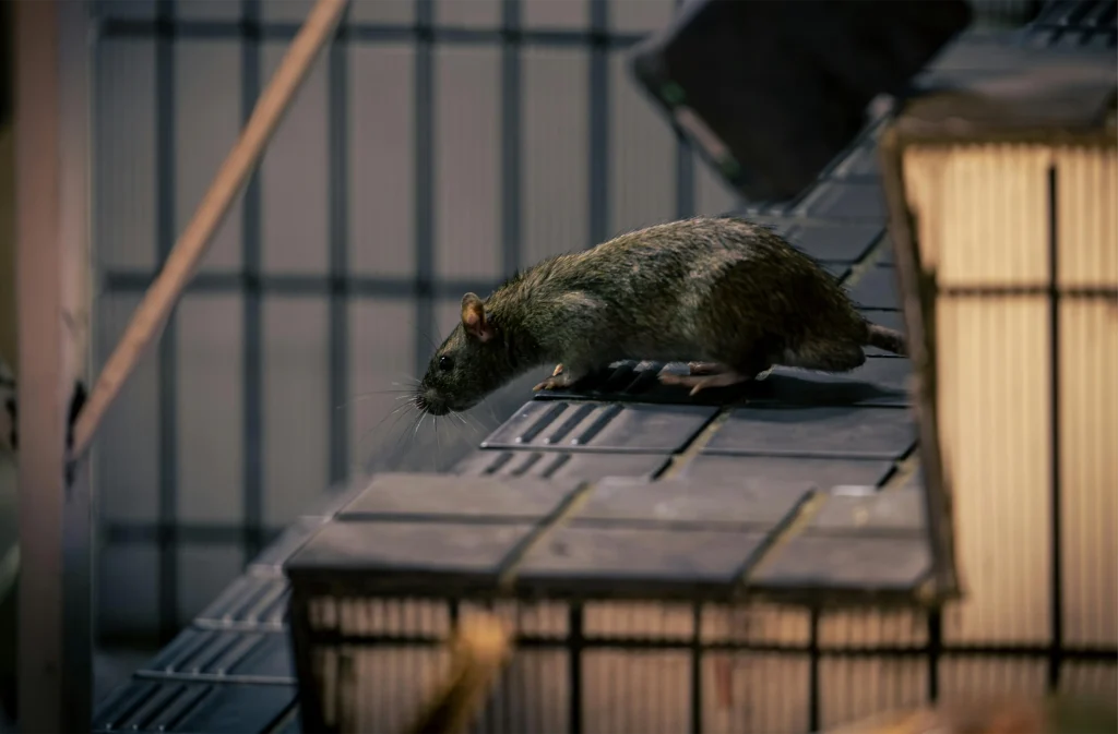 Gambar seekor tikus hitam di tangga.